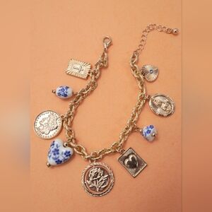 Blue Ceramic Porcelain Coin Cross Charm Bracelet